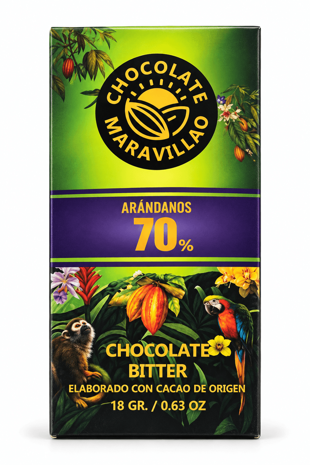 Chocolate pequeño arandanos 70% Maravillao, producto de Ozzo Coffee